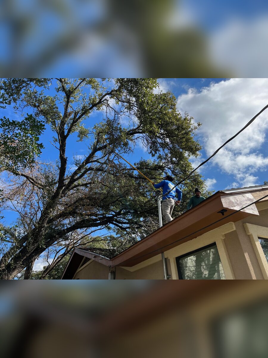 Two workers on a roof using a pole saw to cut branches back from a house and utility lines