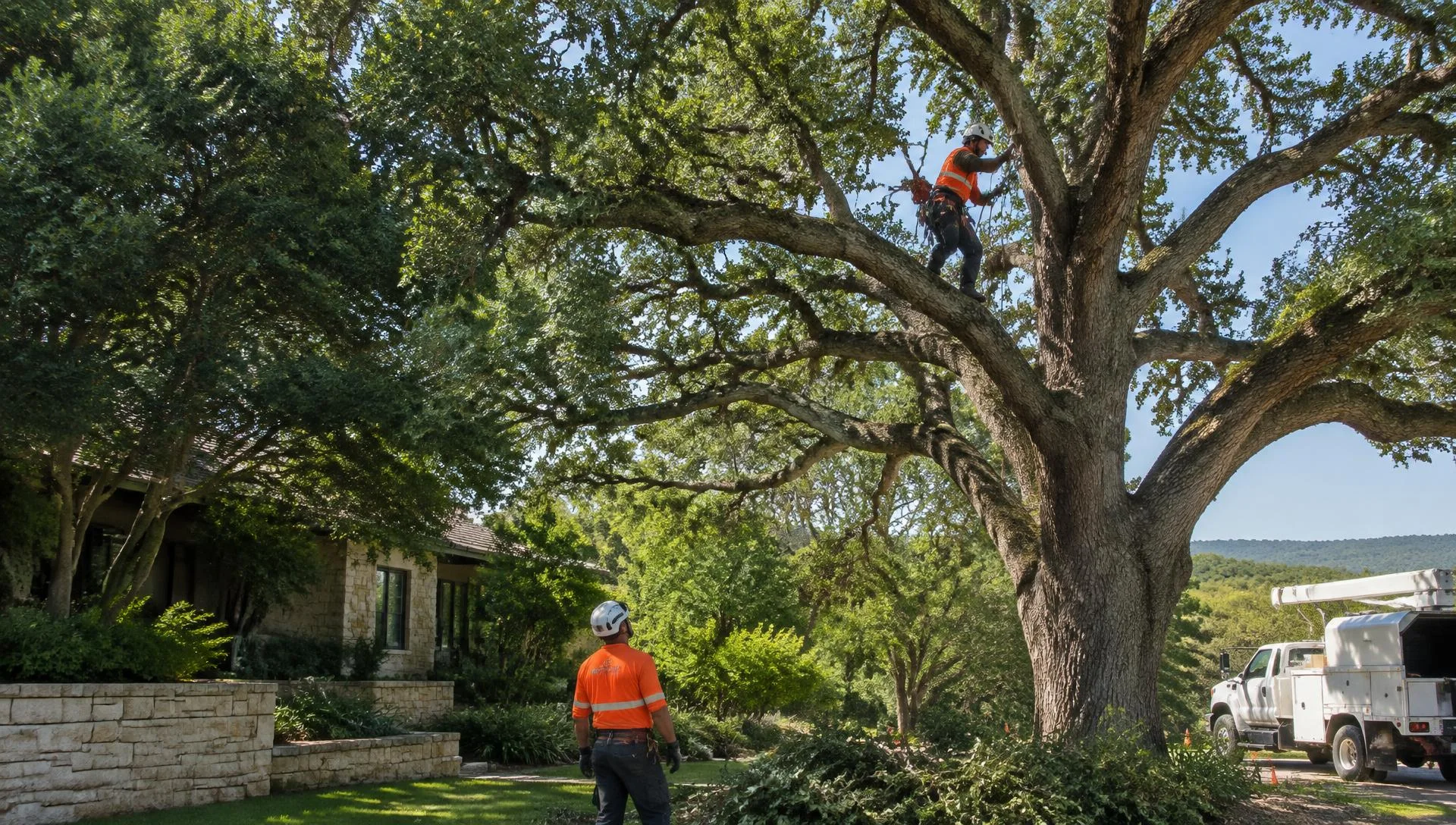JW Tree & Land Service crew working on a storm-damaged tree in West Lake Hills, TX