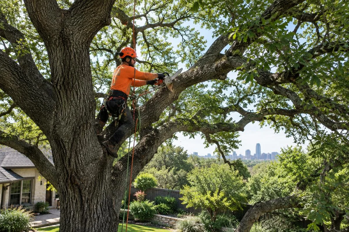 JW Tree & Land Service crew trimming a live oak in Kyle, TX